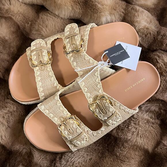 American Eagle AE Stitched Slide Sandals Natural Beige Tan Gold Buckles Size 10 - Picture 3 of 14